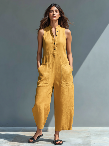 Pantalone senza maniche di misto in lino con collo alto e bottoni per donne