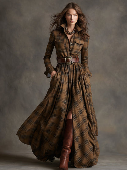 Giulia - Abito lungo a quadri marrone rossiccio con collo e stile etnico retrò
