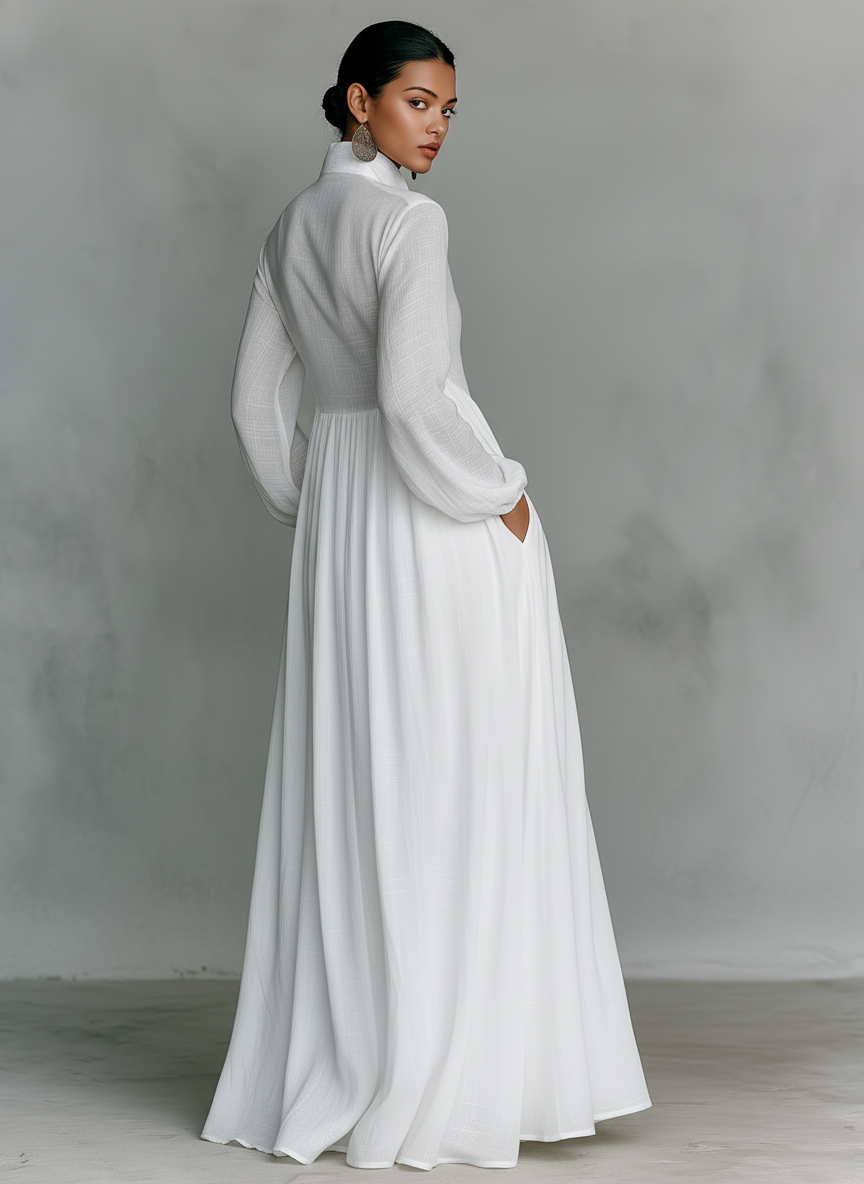 Abito maxi Minimalista in cotone e Lino con Pannelli di Patchwork, Collo alto e Maniche lunghe