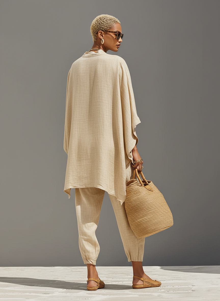 Completo Neutro in lino per donna con Orlo asimmetrico e Design minimalista, Stile Quotidiano-Casual Sofisticato