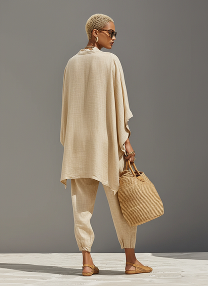 Completo Neutro in lino per donna con Orlo asimmetrico e Design minimalista, Stile Quotidiano-Casual Sofisticato