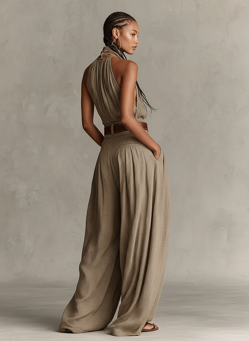 Jumpsuit in cotone Misto Taupe per donna con Collo halter e Silhouette a gamba larga, Stile Boho-elegante Senza tempo (Senza Vita)