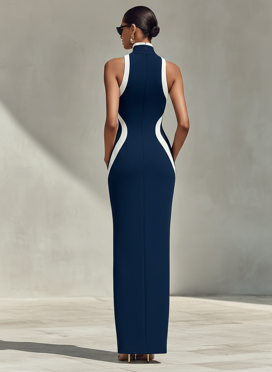 Abito Aderente Blu navy e Bianco con Dettaglio della Cerniera Frontal e Spacco laterale, Abito elegante e Senza sforzo