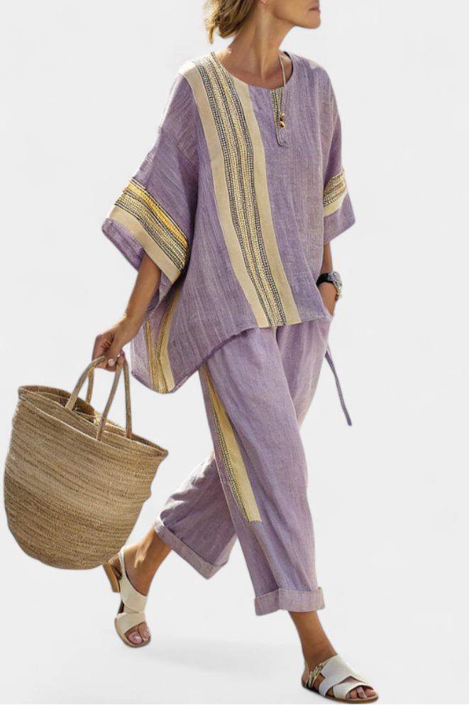 Elowric | Top elegante di Lavanda e Pantaloni a Righe Mostaza