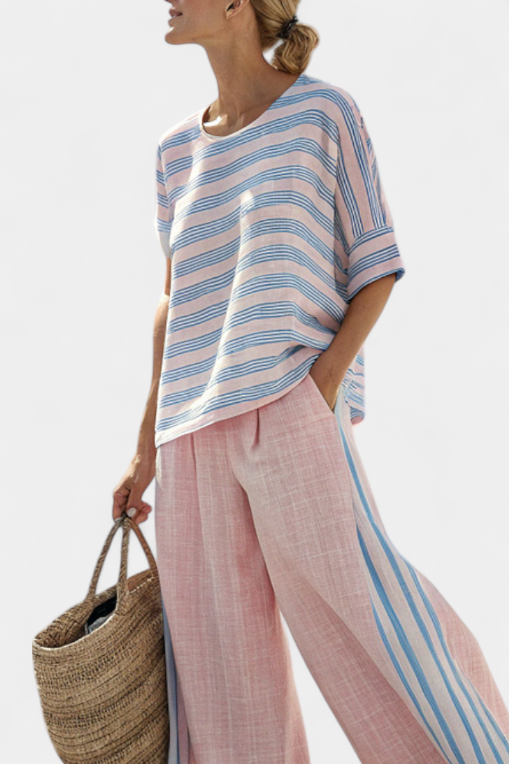 Virella | Blusa in lino Elegante in Rosa e Blu & Pantaloni Morbidi
