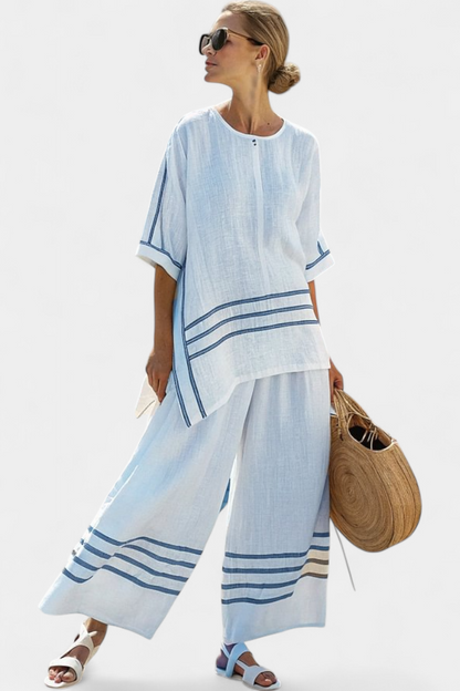 Set Chic a Righe - Pantalone lungo e Blusa Asimmetrica per Donna
