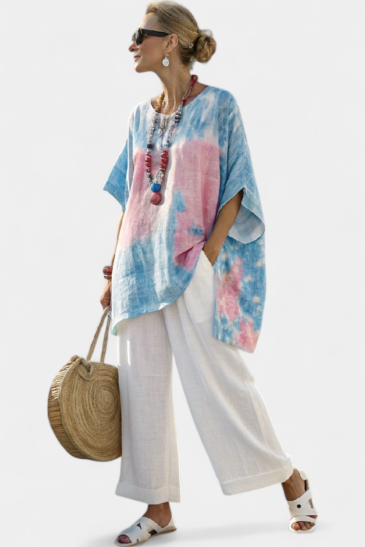 Vantrel | Blusa in lino Comoda e Rilassata & Pantaloni di Bambù a Righe