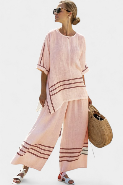 Set Chic a Righe - Pantalone lungo e Blusa Asimmetrica per Donna