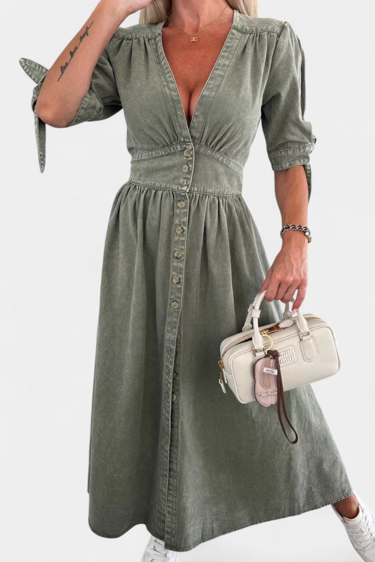 Adelina Abito midi in denim con Bottoni e scollo a V