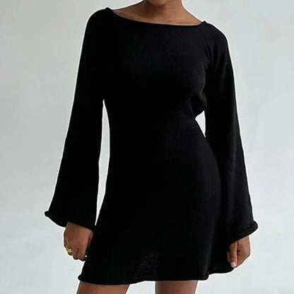 Mini Abito di Maniche lunghe da donna con Scollo Amplio e Puños Acampanados