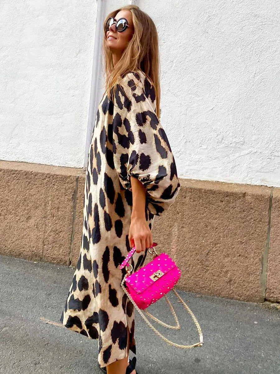 Zarina | Abito maxi di Collo a V con Stampalleopardata