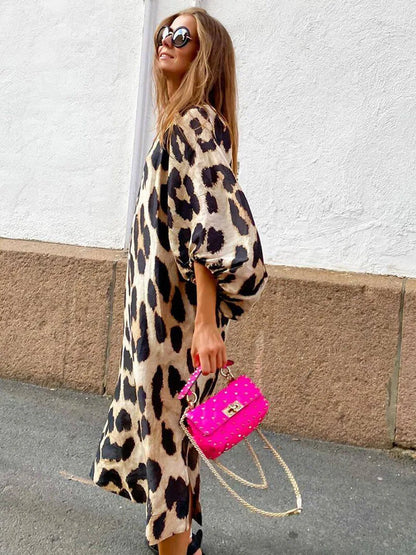 Zarina | Abito maxi di Collo a V con Stampalleopardata
