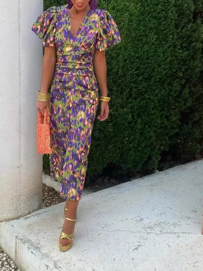 Robe Midi Elegante con Maniche Voluminosas
