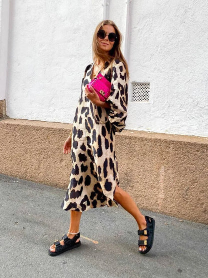 Zarina | Abito maxi di Collo a V con Stampalleopardata