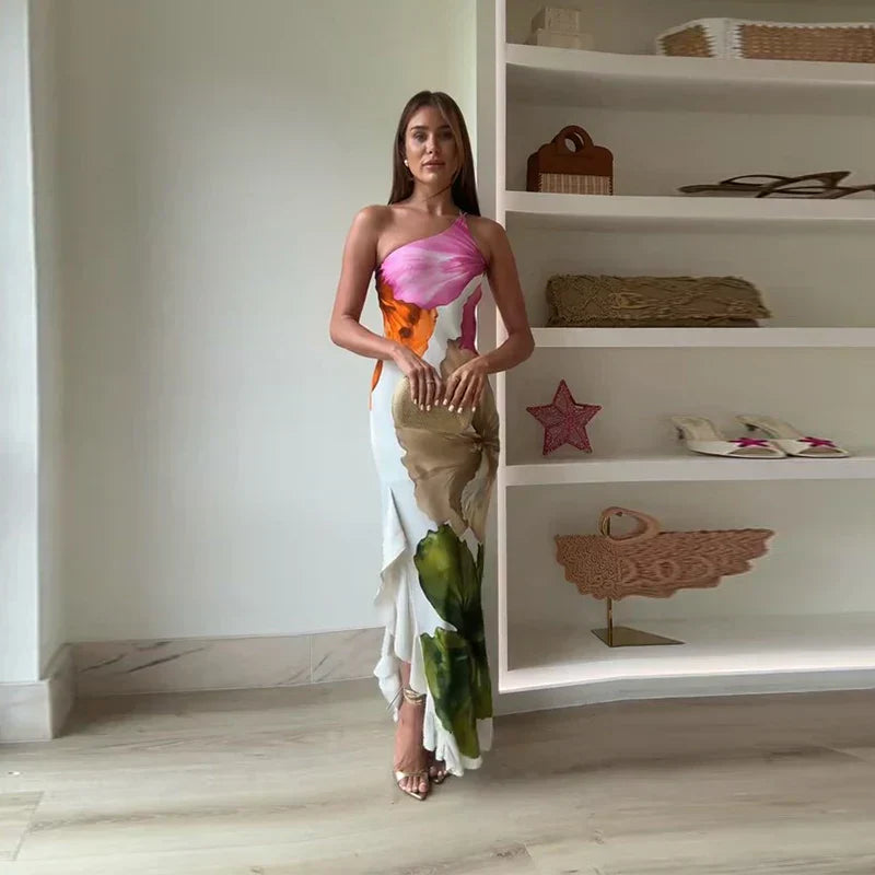 Ismena - Elegante abito maxi floreale con scollo asimmetrico