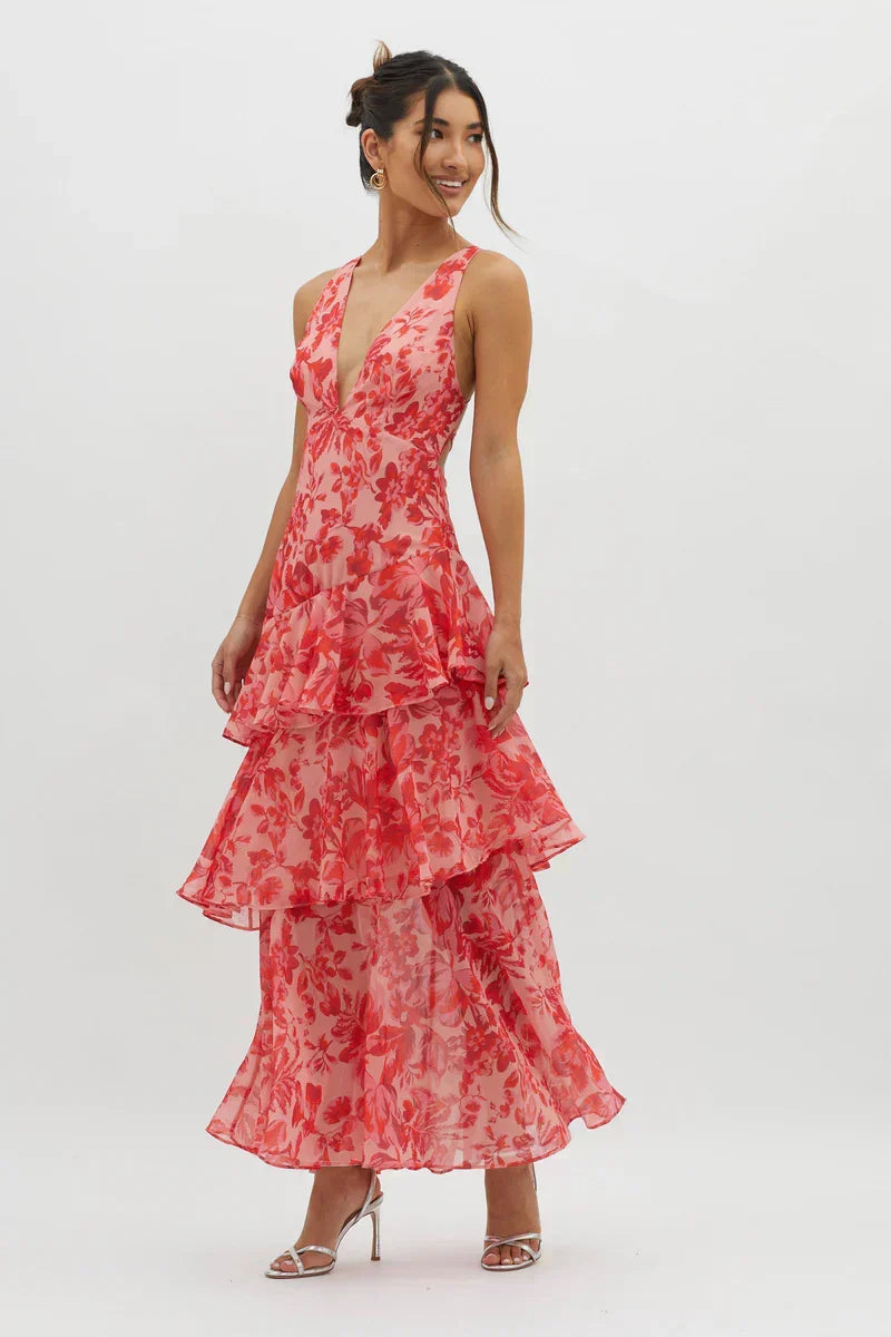 Lisa | Abito midi Floreale Coral – Eleganza Fluida e Romantica
