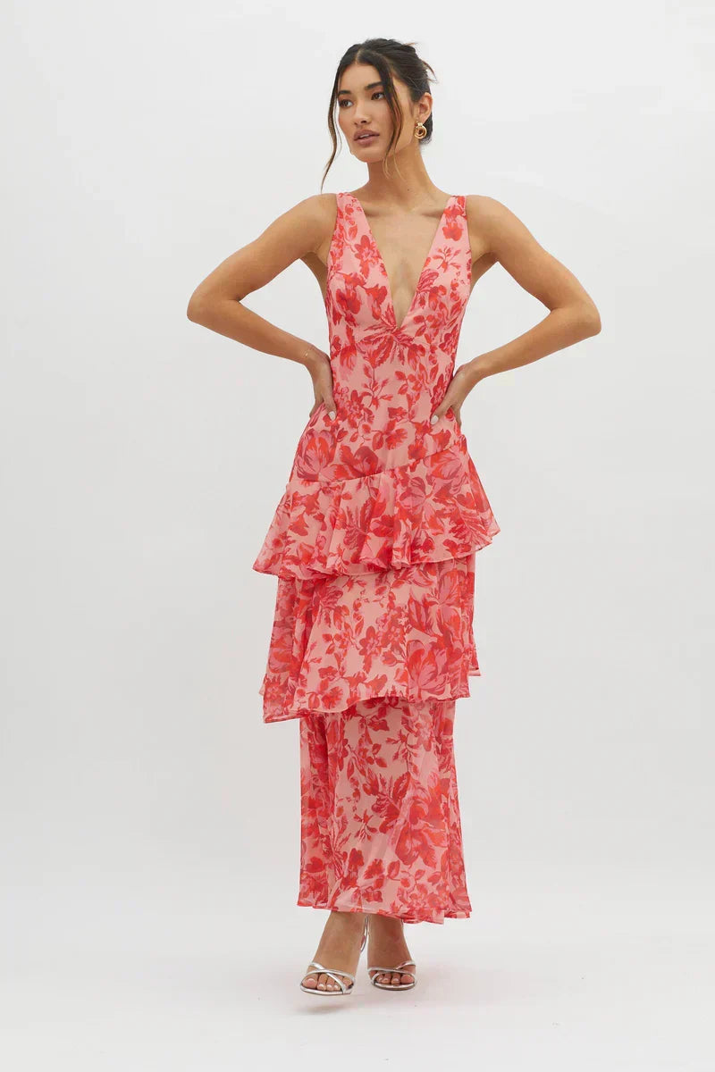 Lisa | Abito midi Floreale Coral – Eleganza Fluida e Romantica