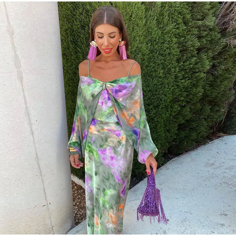 Anisten - Abito maxi Elegante con Stampa Halo-Dye e Foulard Rimovibile