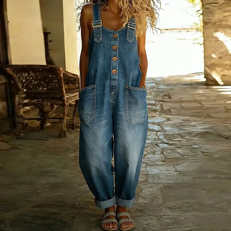 Mara - Pantalone Salopette di Look Denim Vintage in Cotone Morbido con Spalline Regolabili