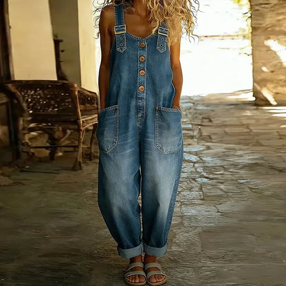 Mara - Pantalone Salopette di Look Denim Vintage in Cotone Morbido con Spalline Regolabili