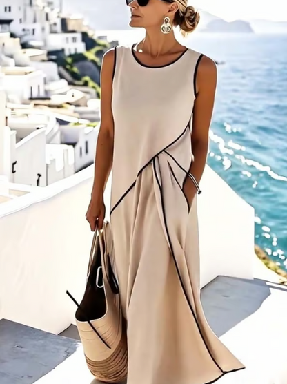 Abito in lino senza maniche con pliegues chic