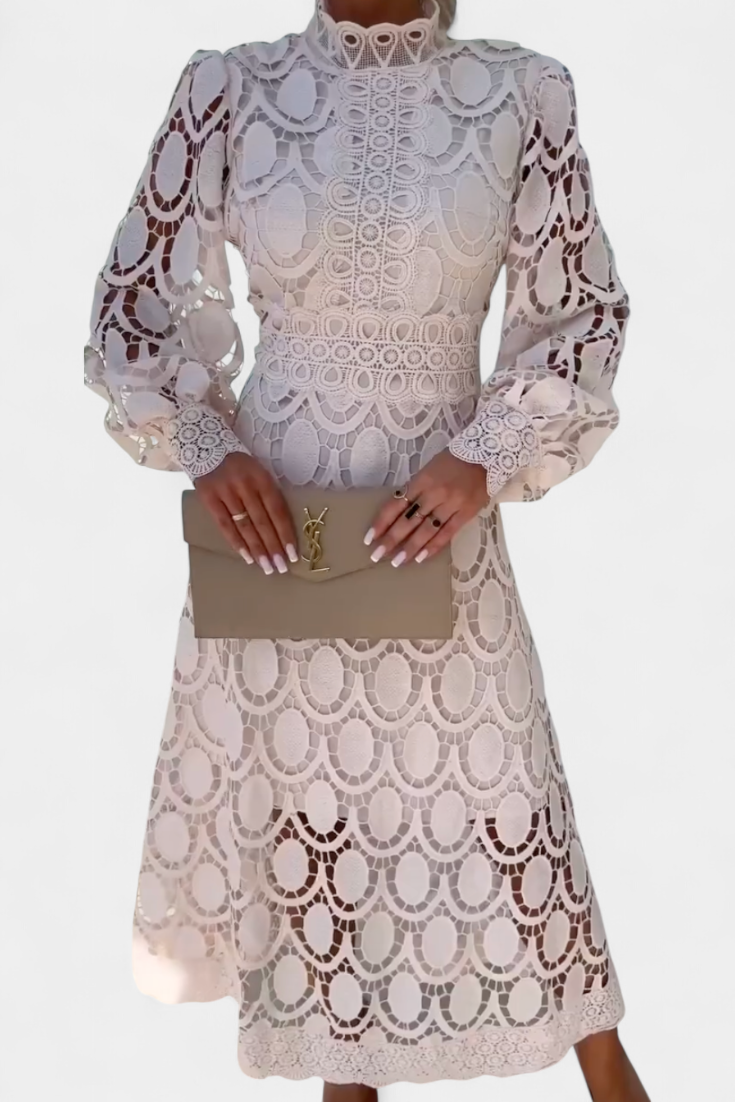 Lucinda Abito midi in pizzo con Maniche Farol e Collo alto