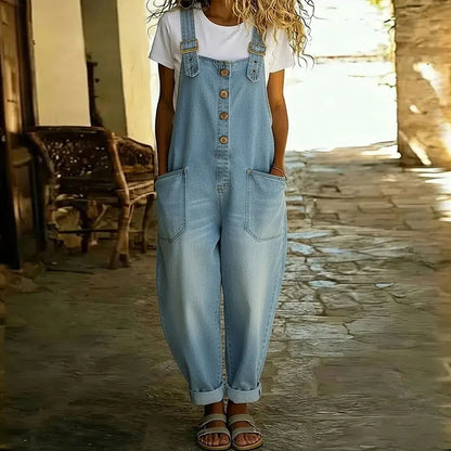 Mara - Pantalone Salopette di Look Denim Vintage in Cotone Morbido con Spalline Regolabili