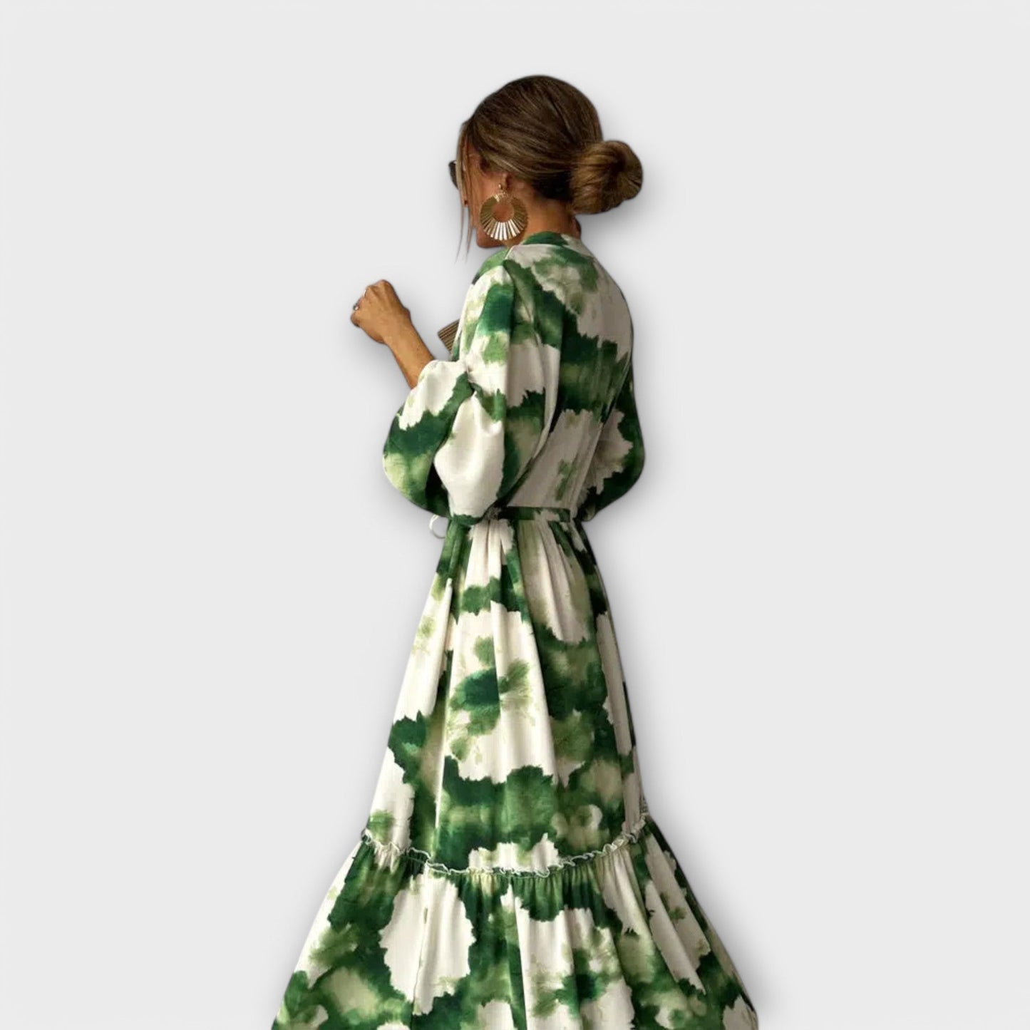 Melina - Abito Maxi Verde con Maniche lunghe e Scollo a V