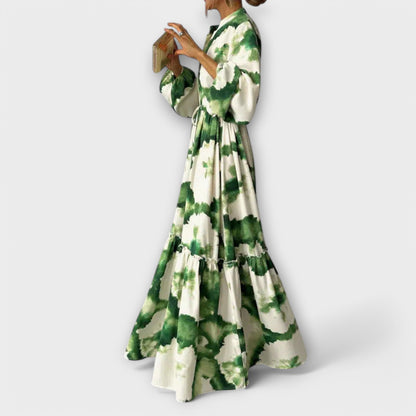 Melina - Abito Maxi Verde con Maniche lunghe e Scollo a V