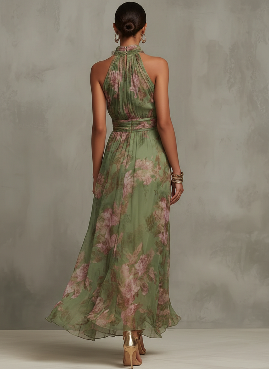 Serena | Elegante abito lungo floreale fluido che valorizza la silhouette