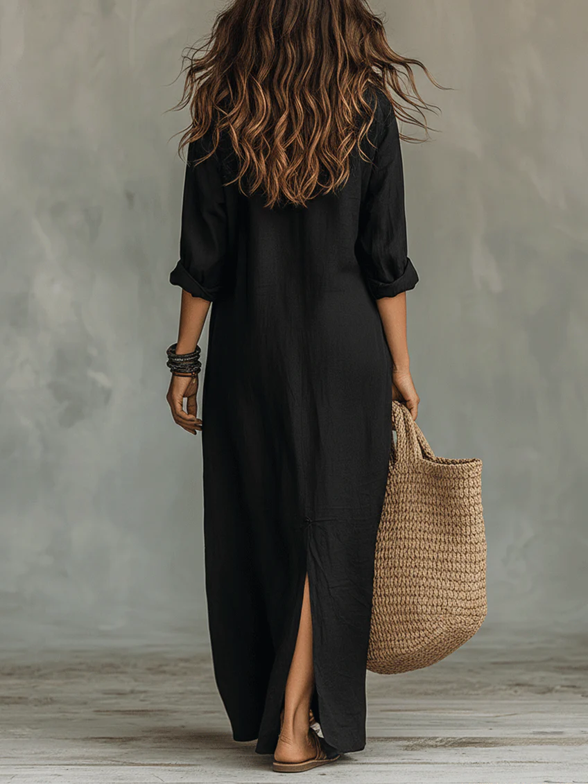 Soline™ | Abito maxi nero fluido con bottoni