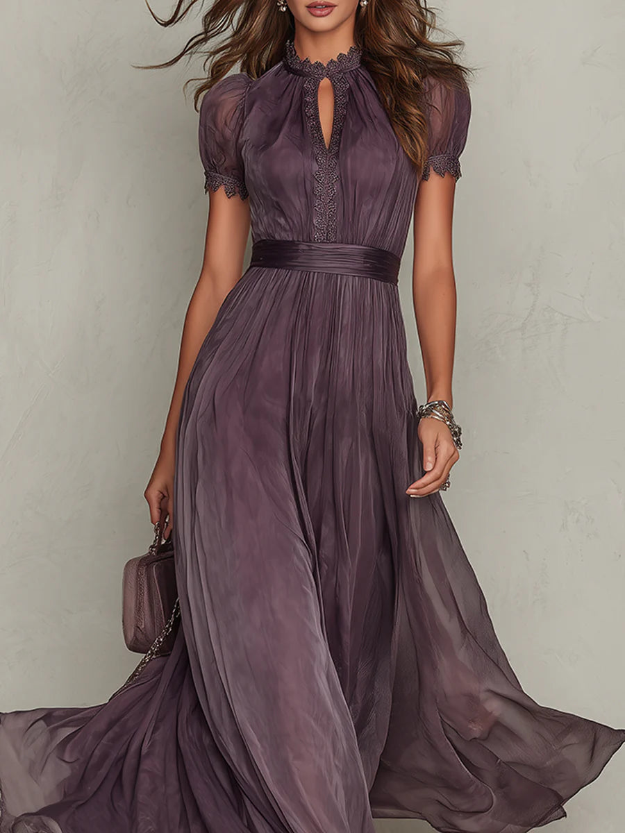 Flavia • Abito lungo viola con scollo a goccia, bordo in pizzo in chiffon