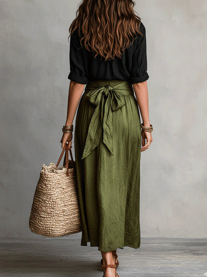 Vera – Completo due pezzi: t-shirt nera e gonna midi verde oliva