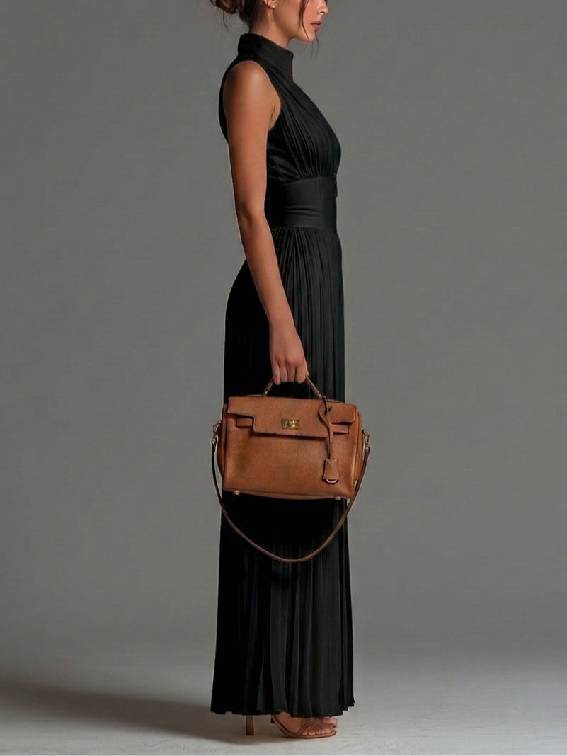 Jumpsuit senza maniche di collo a V nero con cerniera e plissettato di gambe larghe in chiffon