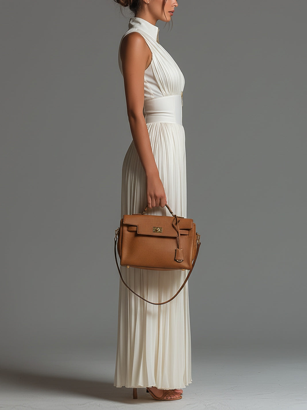 Jumpsuit senza maniche con scollo a V bianco, chiusura di cerniera, plissettato, pantaloni a gamba larga in chiffon