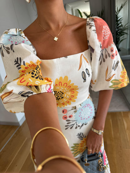 CAMILLE – ABITO CON MANICHE CON VOLANT ELEGANTE IN FLOREALE