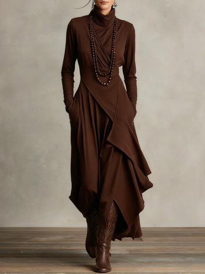 Abito maxi Viola con Collo alto e Drapado Asimmetrico