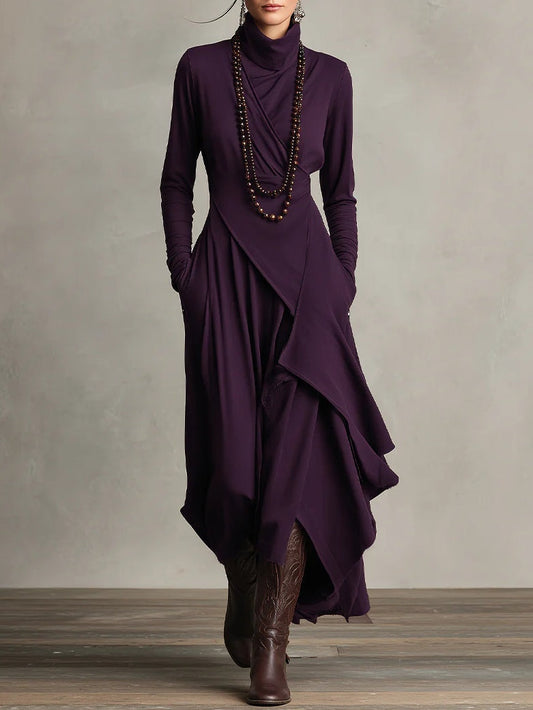 Abito maxi Viola con Collo alto e Drapado Asimmetrico