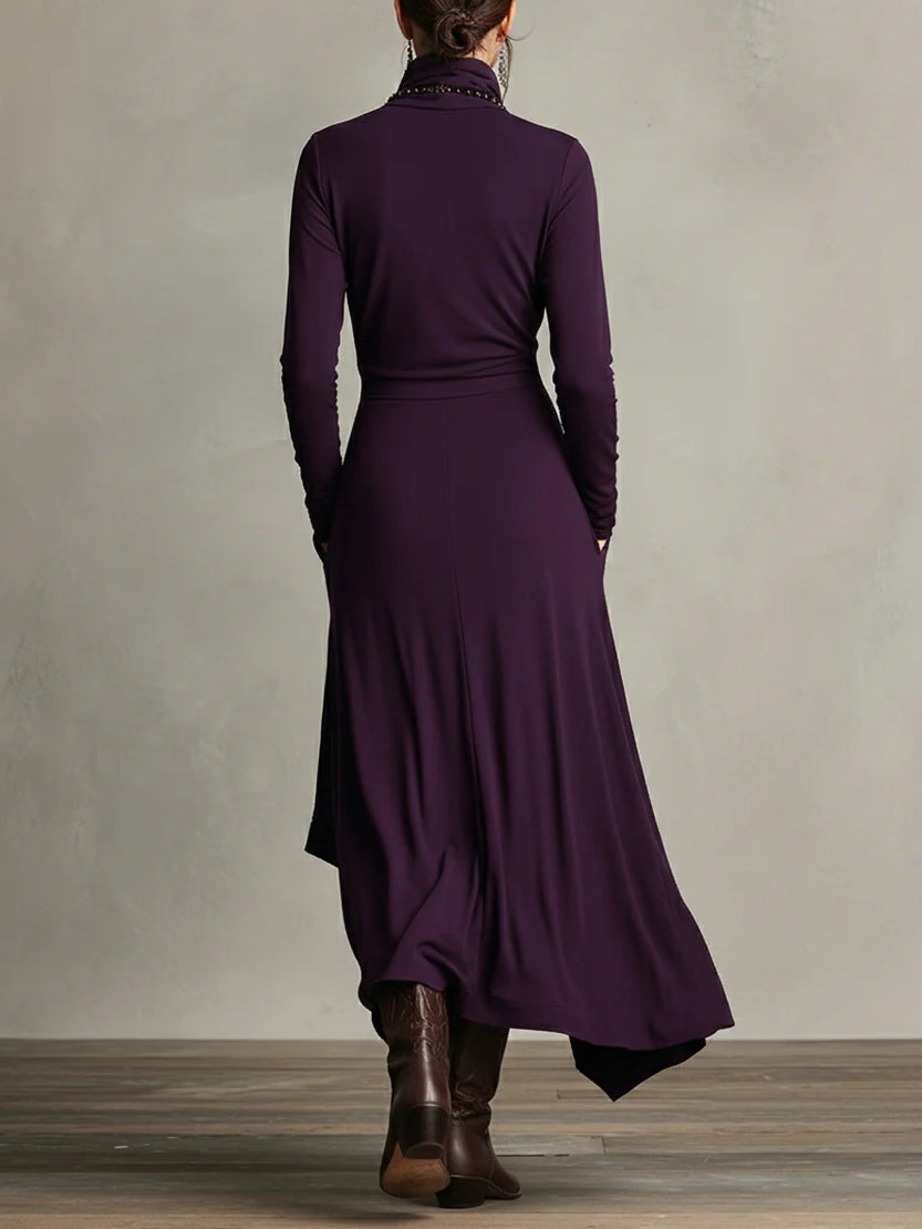 Abito maxi Viola con Collo alto e Drapado Asimmetrico
