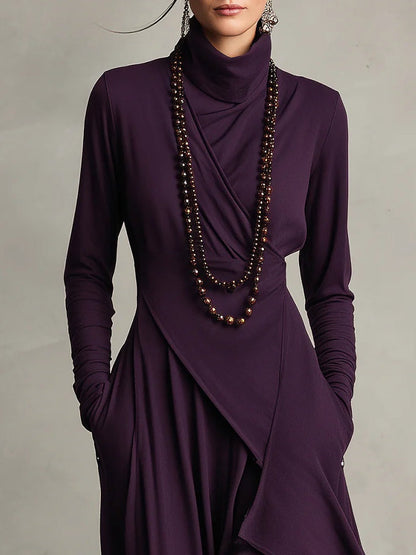 Abito maxi Viola con Collo alto e Drapado Asimmetrico