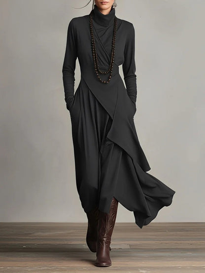 Abito maxi Viola con Collo alto e Drapado Asimmetrico