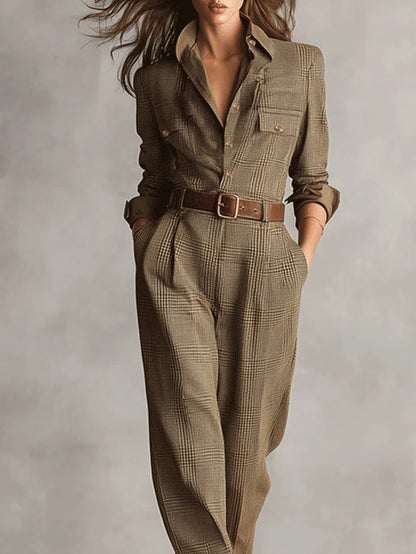 Alessia - Tuta Utilitario di Tweed Marrone con Motivo Raffinato