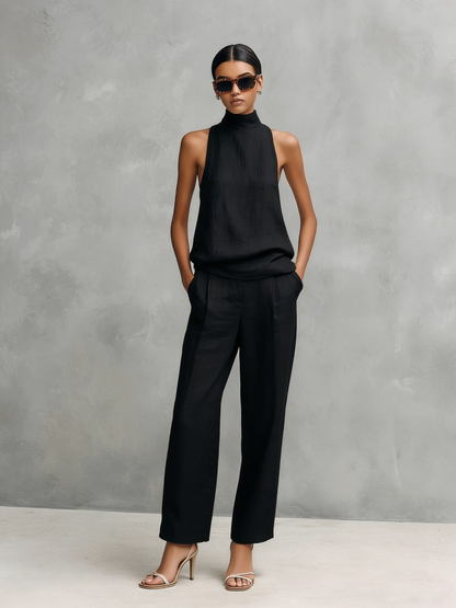 Completo con top senza maniche e Pantaloni Elegantes in cotone e Lino Nero per donna