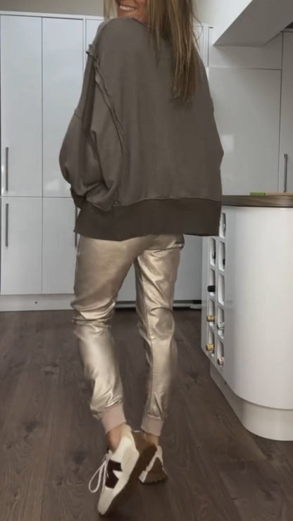 Top Casual di Collo rotondo per Donna + Pantaloni di Cuero