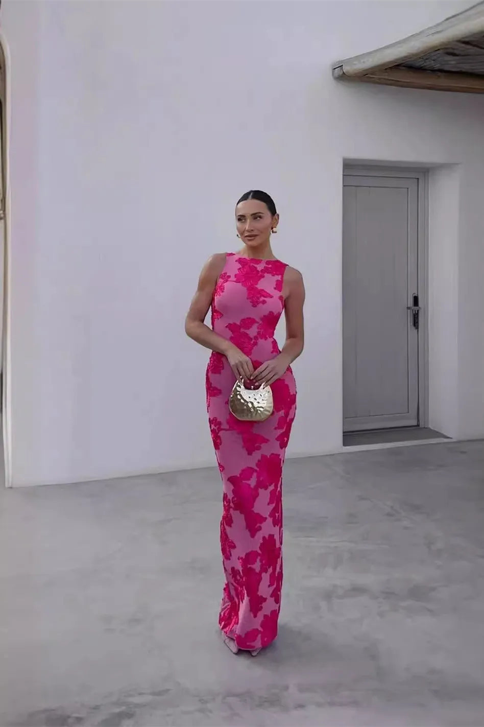 Calliope - Abito maxi in rete con applicazioni floreali