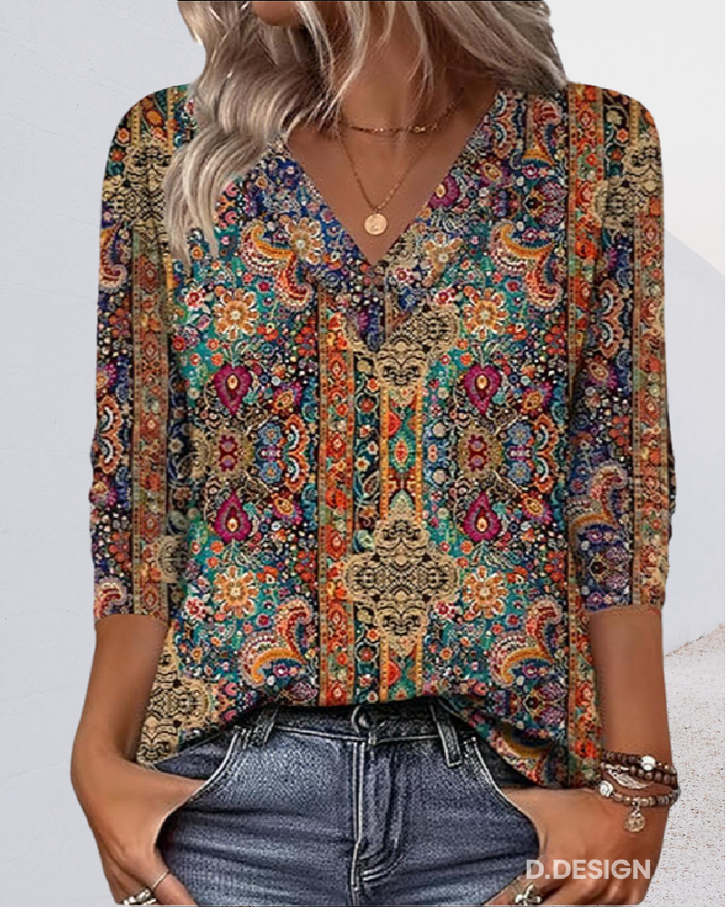 Blusa Retrò Stampata V-Collo