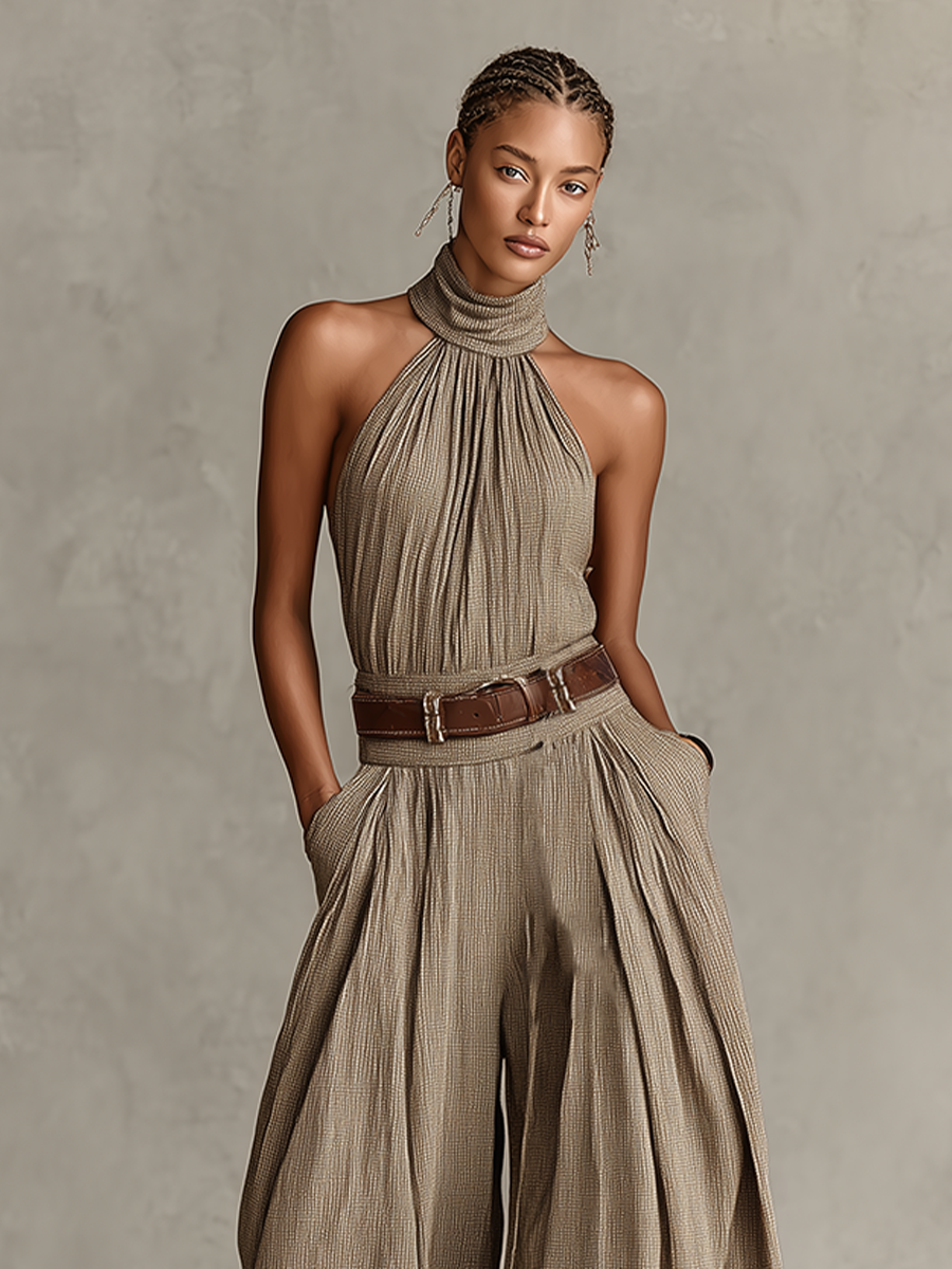 Jumpsuit in cotone Misto Taupe per donna con Collo halter e Silhouette a gamba larga, Stile Boho-elegante Senza tempo (Senza Vita)
