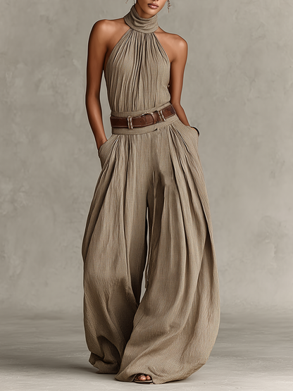 Jumpsuit in cotone Misto Taupe per donna con Collo halter e Silhouette a gamba larga, Stile Boho-elegante Senza tempo (Senza Vita)