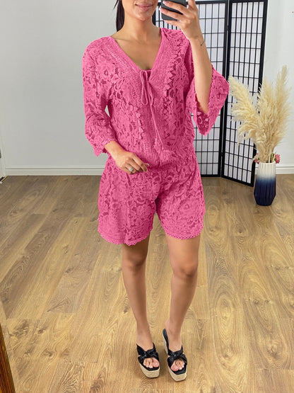 Michelle - Jumpsuit corto casual in pizzo con scollo a V