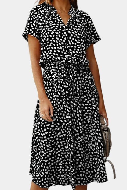 Rovena Abito midi di Pois con Collo Camisero e Vita Regolabile